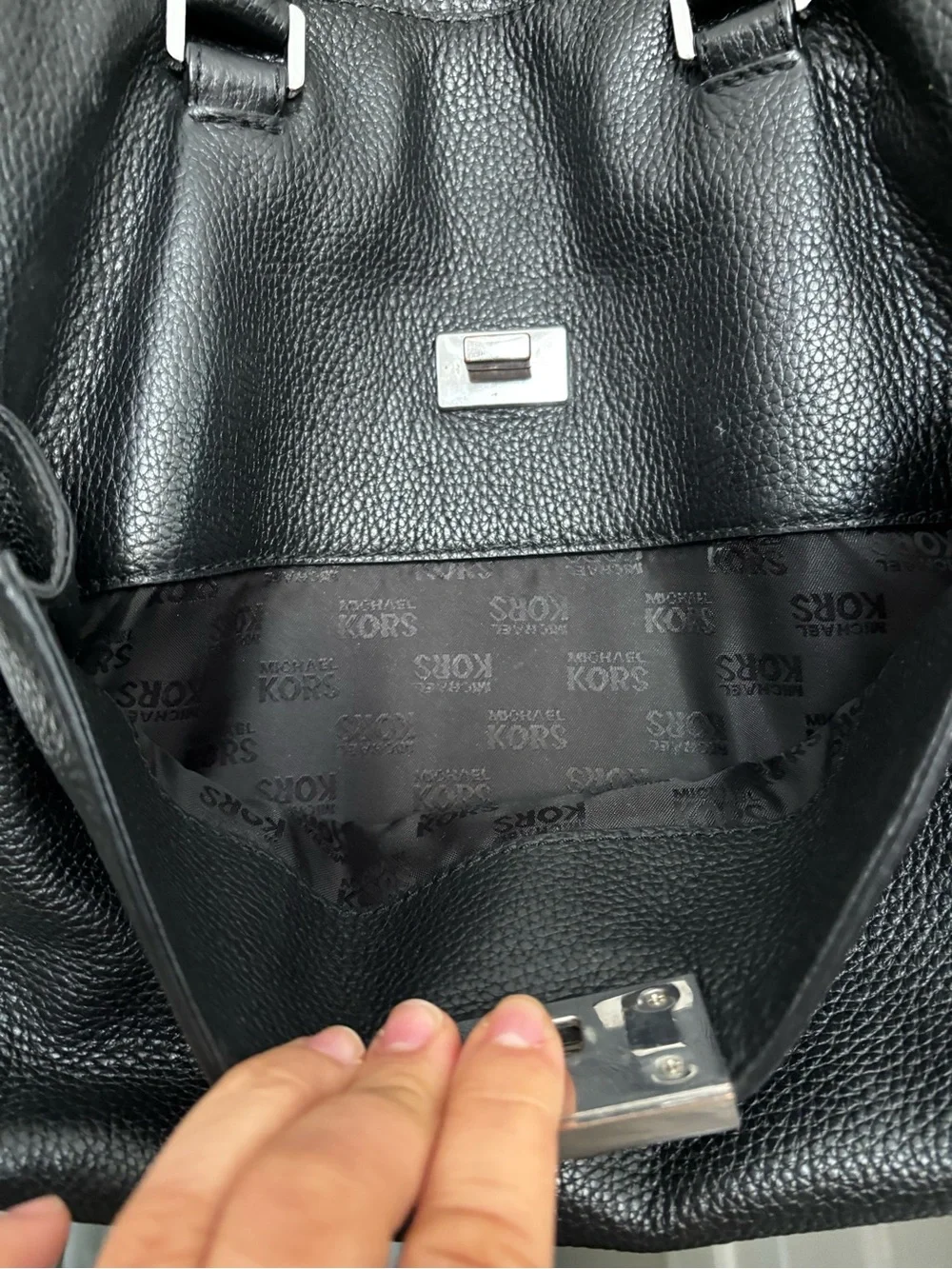 Michael Kors Black Pebbled Leather Briefcase Tote with Silver Hardware